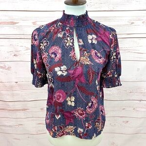 Evereve Navy Floral Keyhole Smocked Neck Blouse